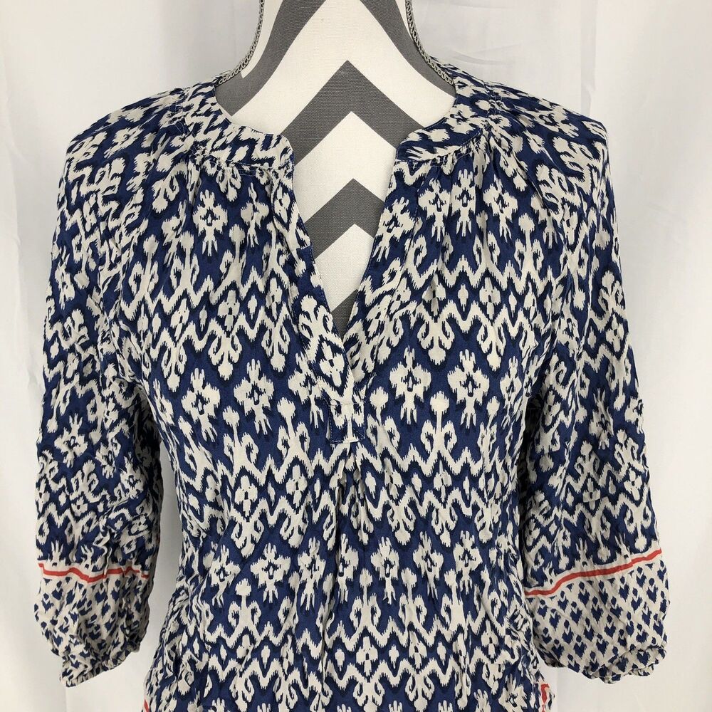 Beach Lunch Lounge Blue Boho 3/4 Sleeve Split V Neck Popover Blouse Small